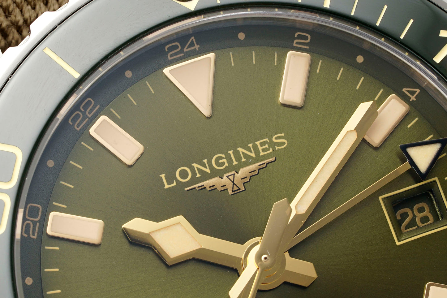 Longines HydroConquest GMT – Green Sunray Dial with Ceramic Bezel & Brown NATO Strap