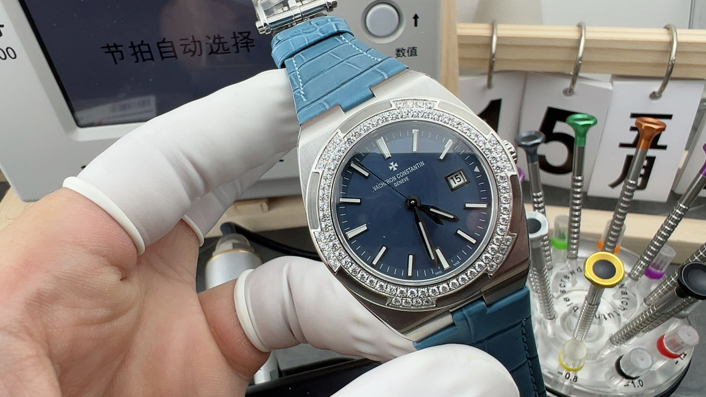 Vacheron Constantin Overseas Quartz 33mm – Stainless Steel, Blue Dial, Diamond-Set Bezel
