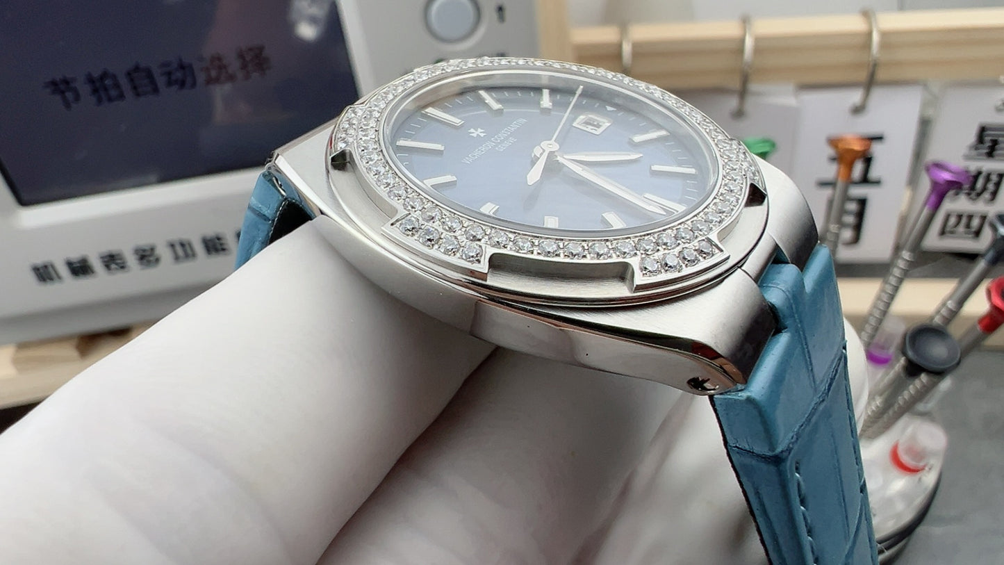Vacheron Constantin Overseas Quartz 33mm – Stainless Steel, Blue Dial, Diamond-Set Bezel