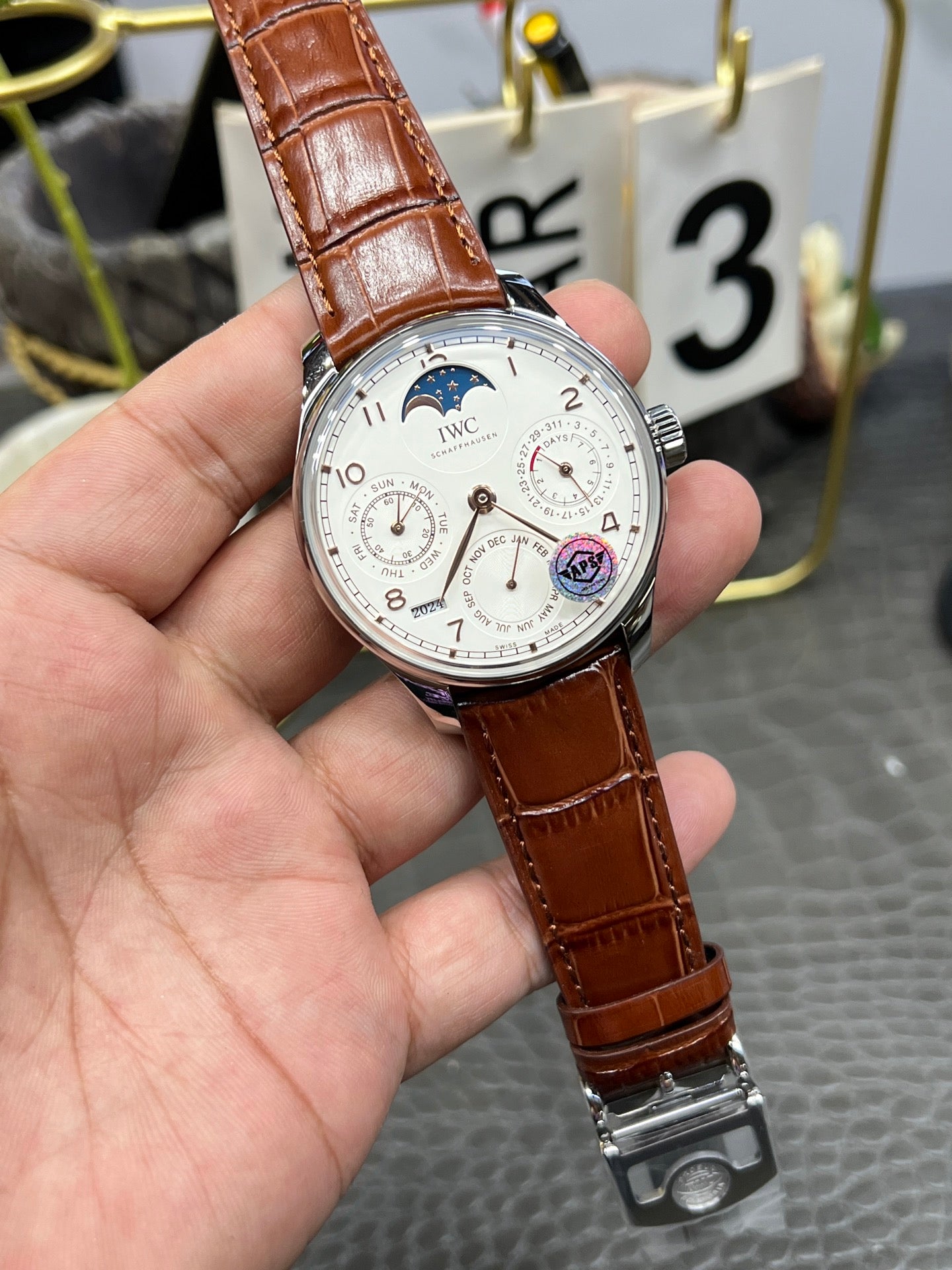 IWC Portugieser Perpetual Calendar with Silver Dial & Brown Alligator Strap