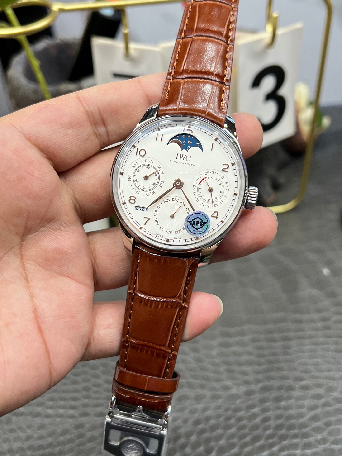 IWC Portugieser Perpetual Calendar with Silver Dial & Brown Alligator Strap