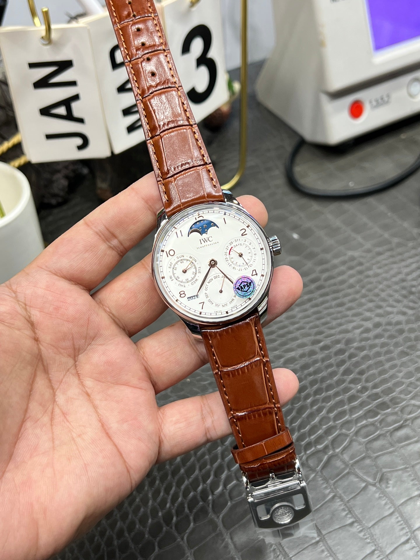 IWC Portugieser Perpetual Calendar with Silver Dial & Brown Alligator Strap