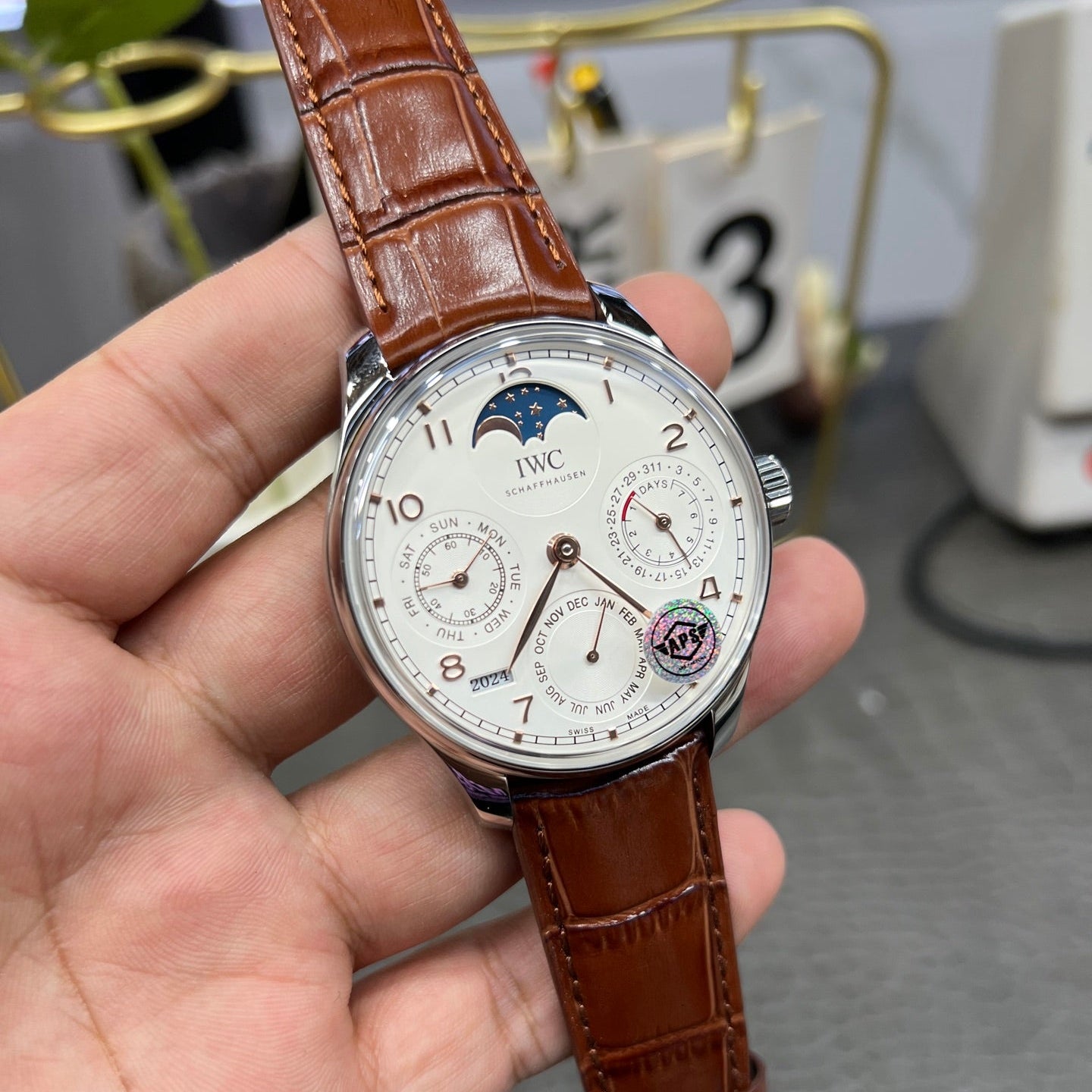 IWC Portugieser Perpetual Calendar with Silver Dial & Brown Alligator Strap