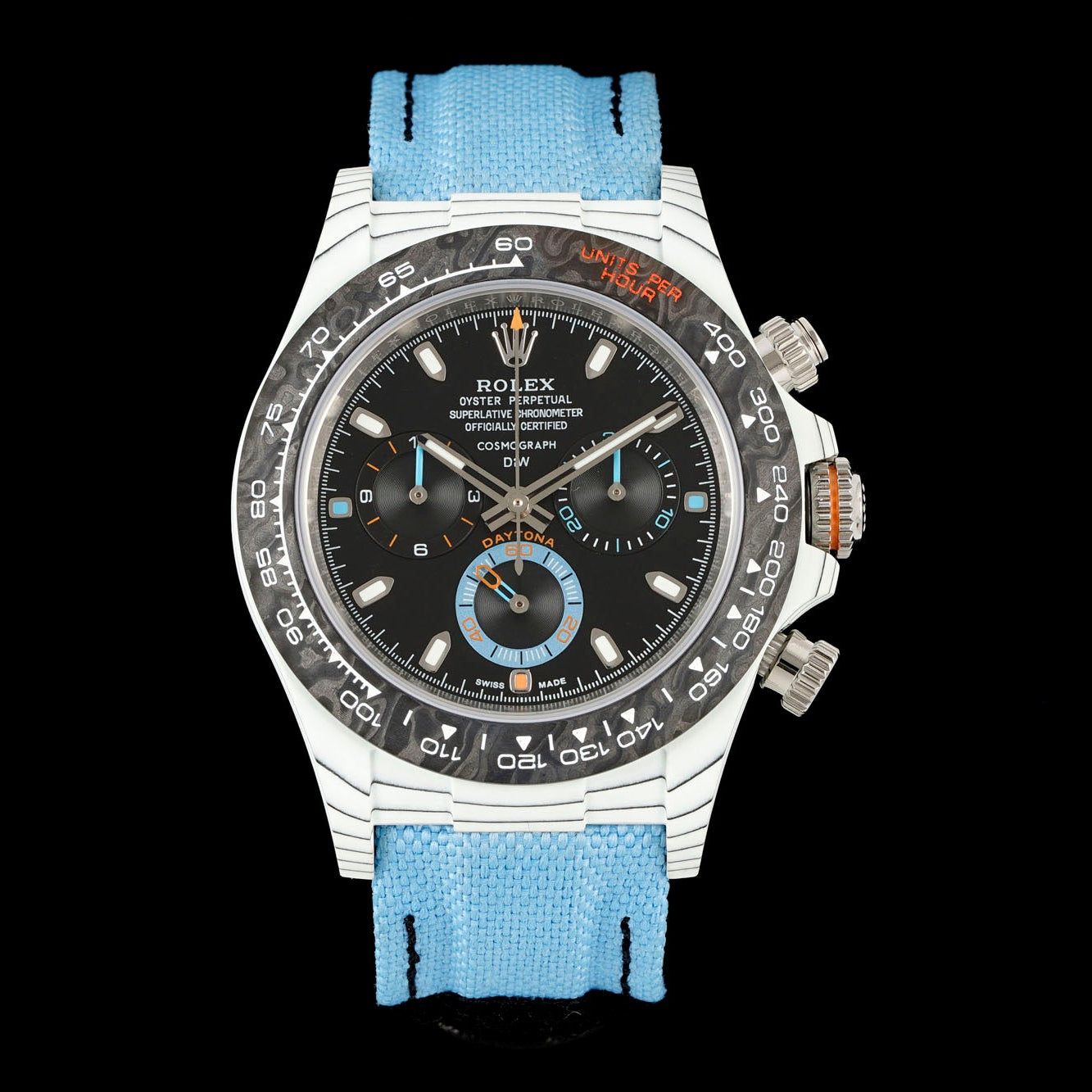 Custom Rolex Cosmograph Daytona DiW Carbon Fiber Watch with Blue Canvas Strap