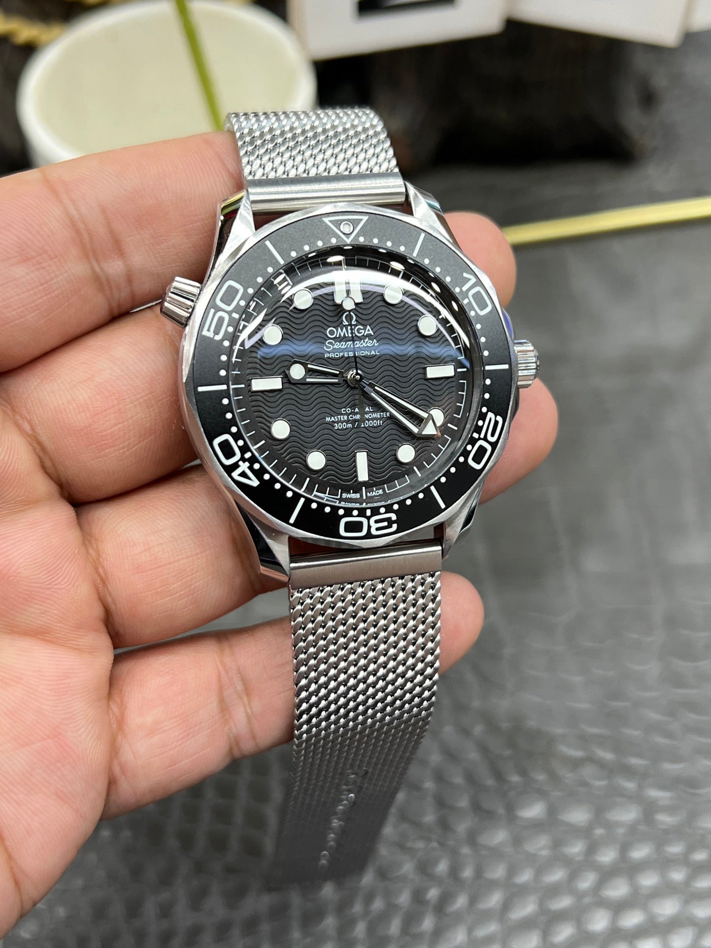 Omega Seamaster Diver 300M 42mm Black Dial Co-Axial Master Chronometer with Stainless Steel Mesh Bracelet