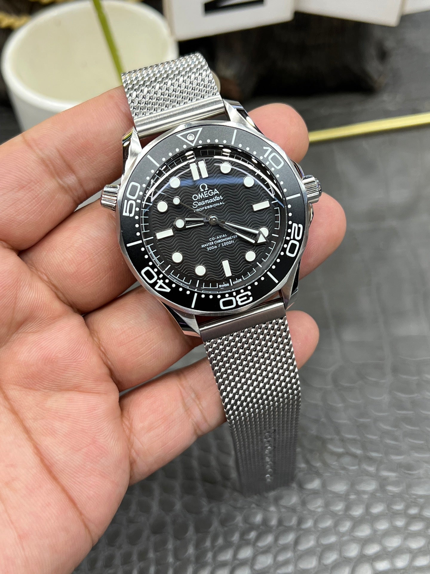 Omega Seamaster Diver 300M 42mm Black Dial Co-Axial Master Chronometer with Stainless Steel Mesh Bracelet