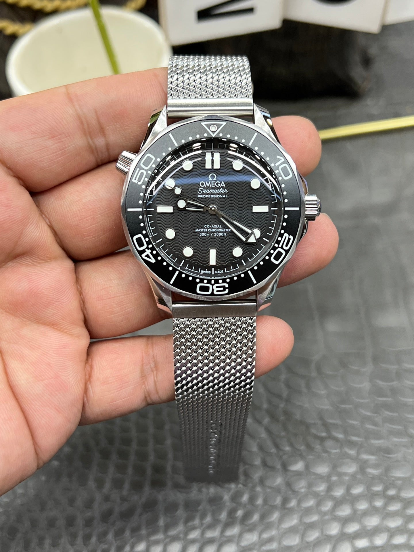 Omega Seamaster Diver 300M 42mm Black Dial Co-Axial Master Chronometer with Stainless Steel Mesh Bracelet