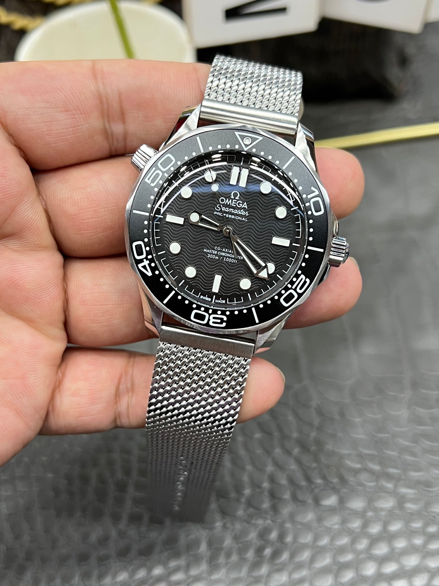 Omega Seamaster Diver 300M 42mm Black Dial Co-Axial Master Chronometer with Stainless Steel Mesh Bracelet