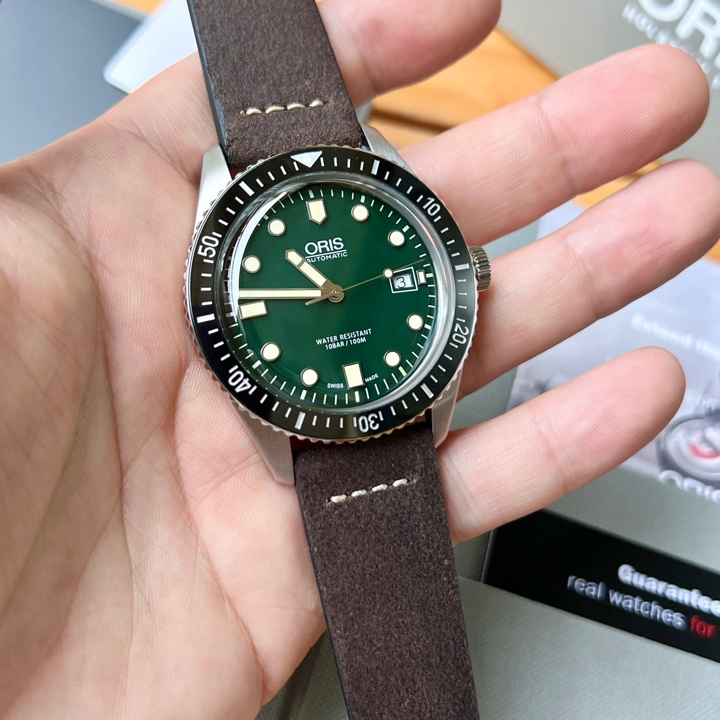 Oris Divers Sixty-Five Automatic Men’s Watch with Green Dial & Brown Leather Strap