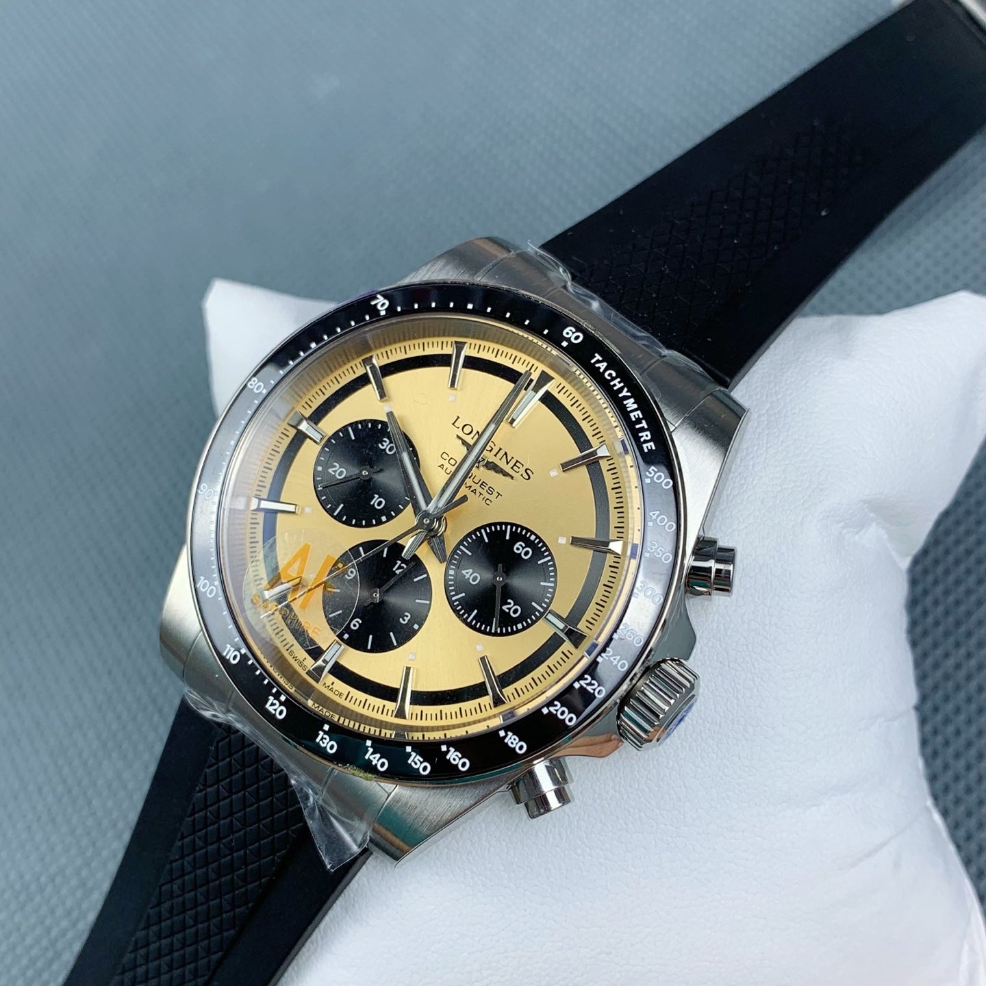 Longines Conquest Chronograph with Champagne Sunray Gilt Dial & Black Rubber Strap