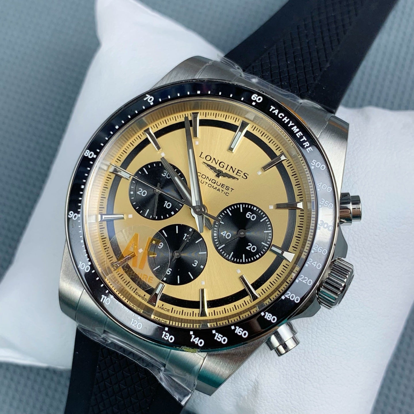Longines Conquest Chronograph with Champagne Sunray Gilt Dial & Black Rubber Strap
