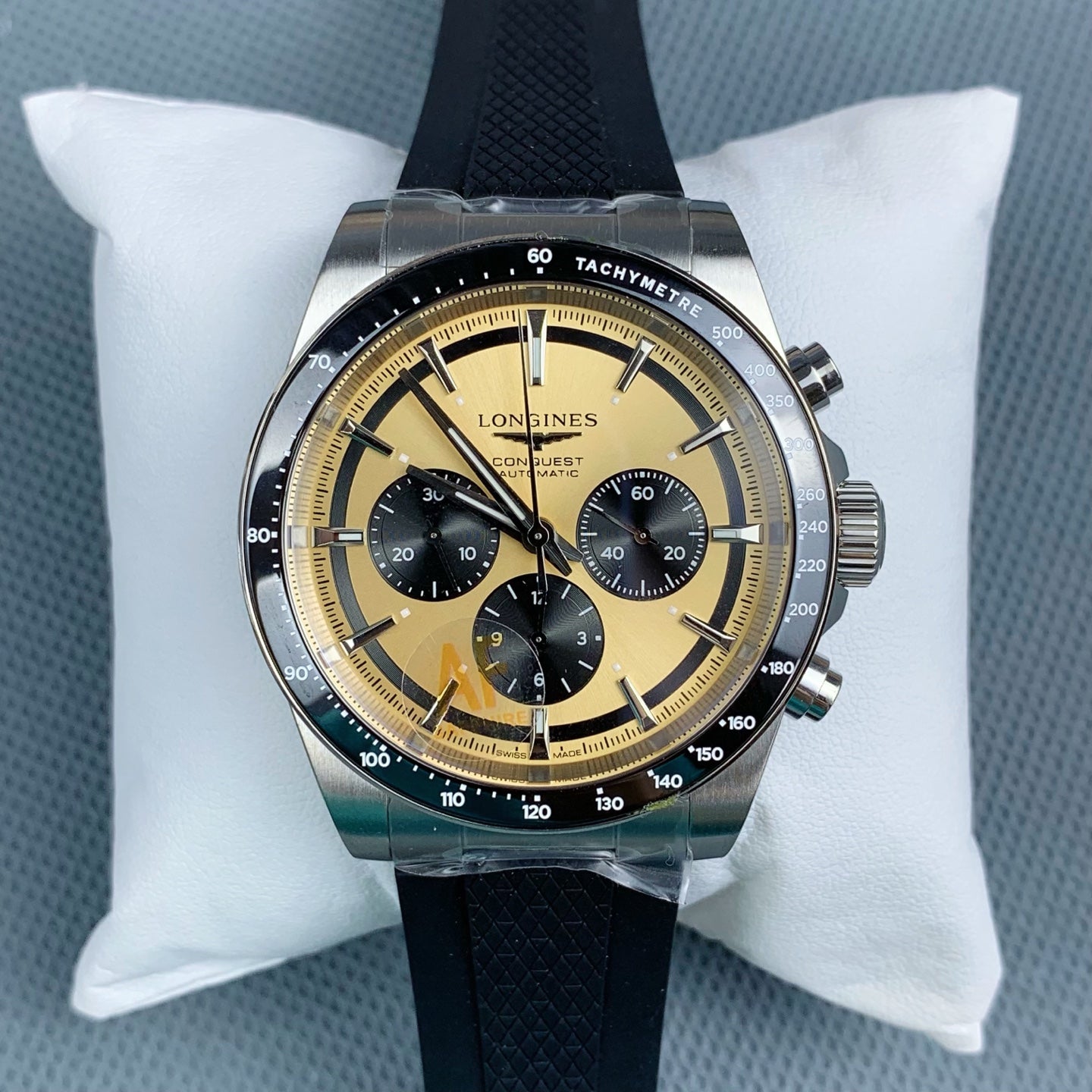 Longines Conquest Chronograph with Champagne Sunray Gilt Dial & Black Rubber Strap