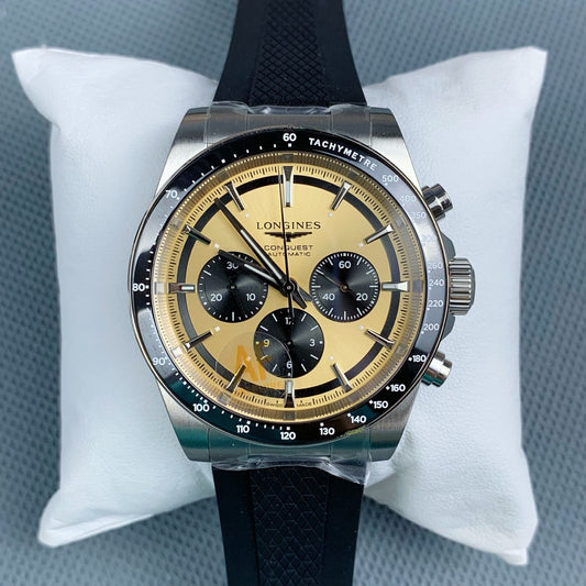 Longines Conquest Chronograph with Champagne Sunray Gilt Dial & Black Rubber Strap