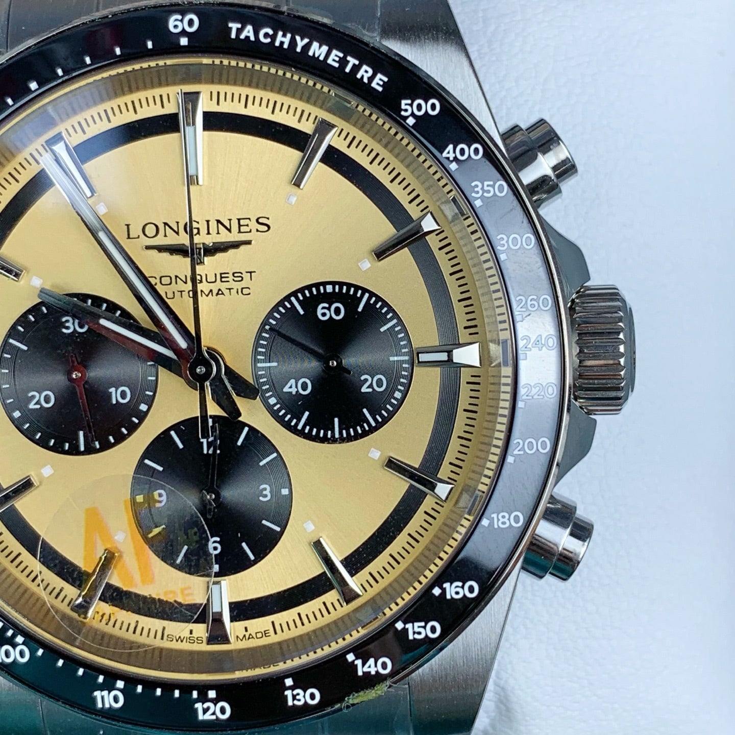 Longines Conquest Chronograph with Champagne Sunray Gilt Dial & Black Rubber Strap