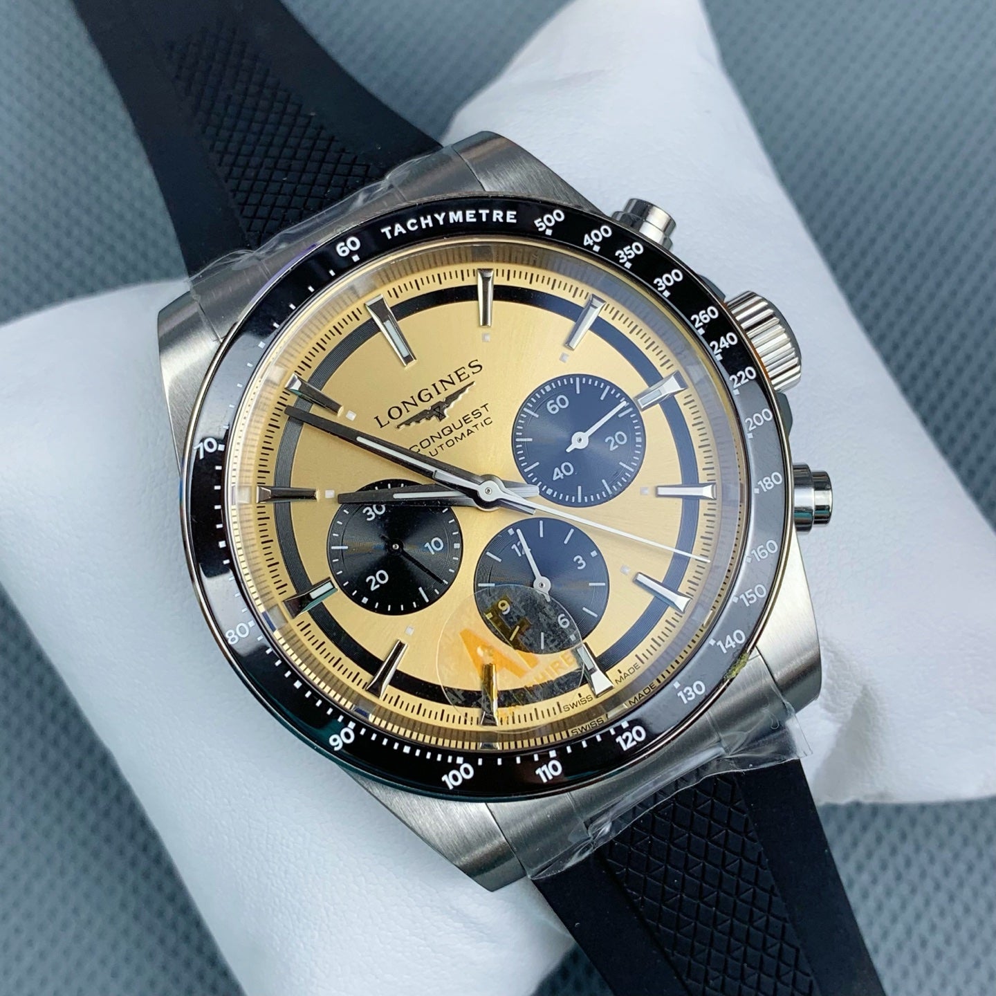 Longines Conquest Chronograph with Champagne Sunray Gilt Dial & Black Rubber Strap