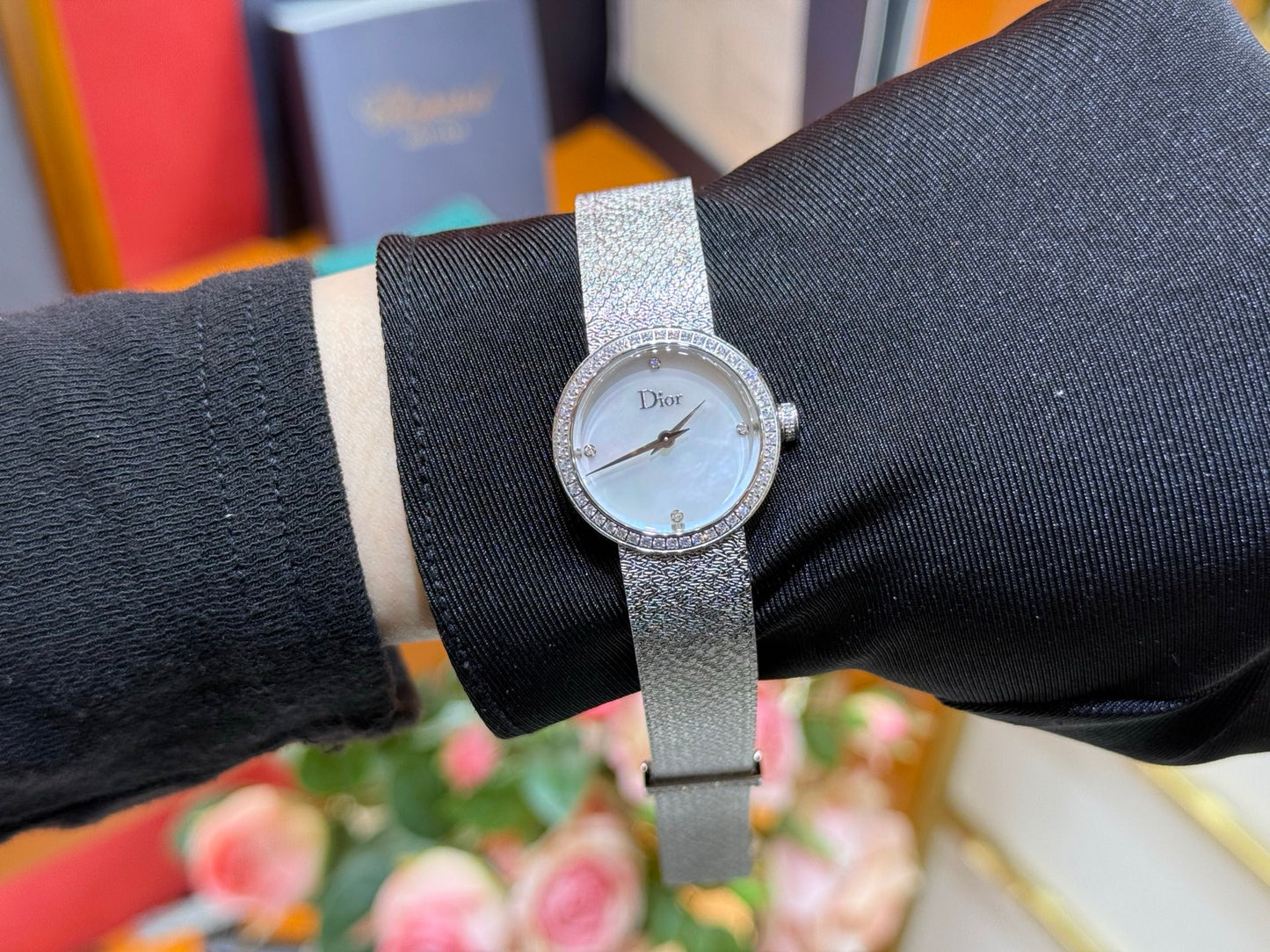 Dior La D de Dior Satine 25mm Steel Watch with Mother-of-Pearl Dial & Diamond Bezel