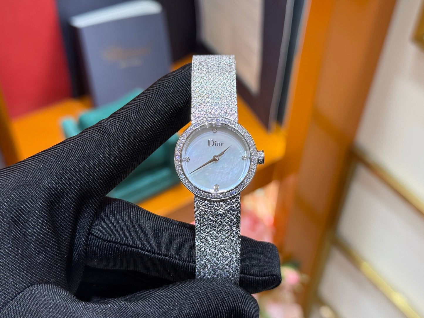 Dior La D de Dior Satine 25mm Steel Watch with Mother-of-Pearl Dial & Diamond Bezel