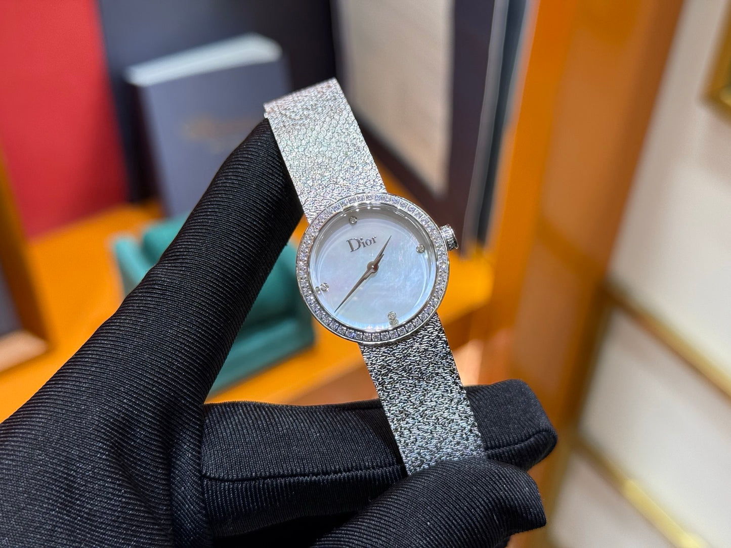 Dior La D de Dior Satine 25mm Steel Watch with Mother-of-Pearl Dial & Diamond Bezel