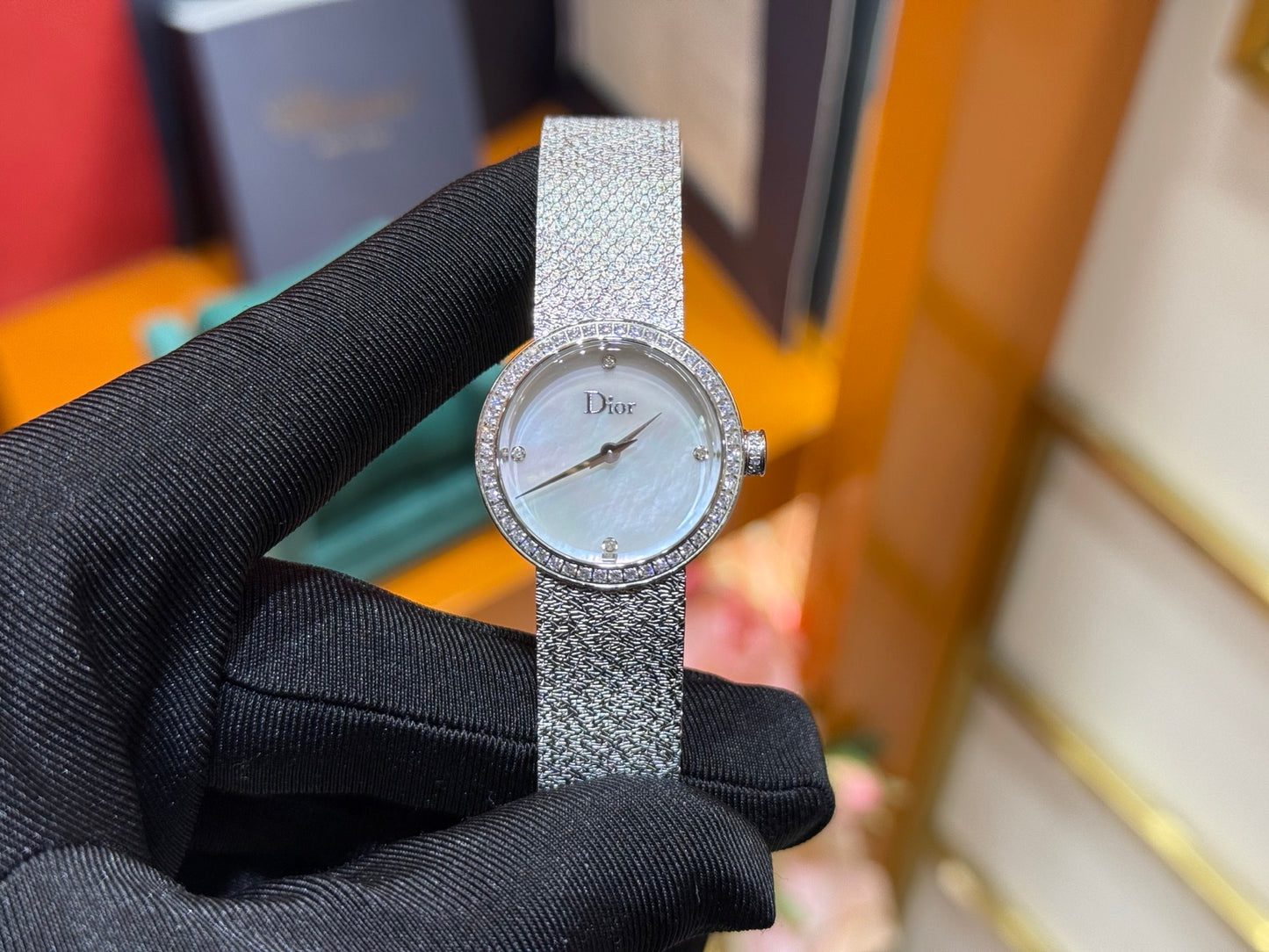 Dior La D de Dior Satine 25mm Steel Watch with Mother-of-Pearl Dial & Diamond Bezel
