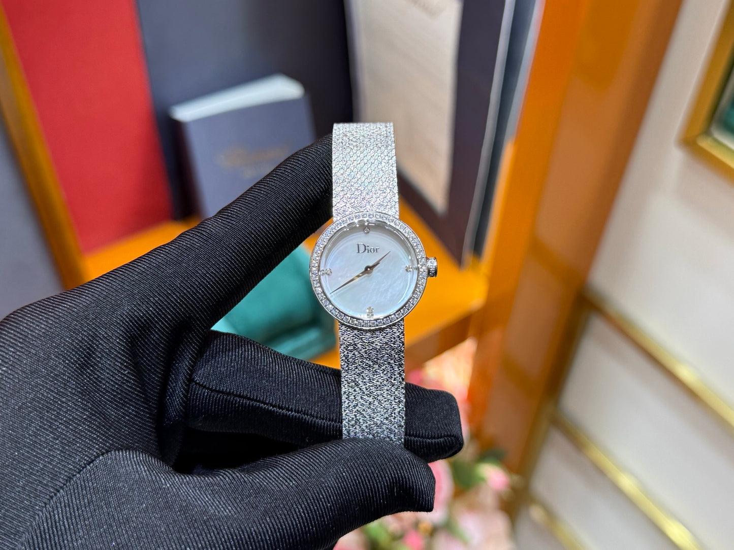 Dior La D de Dior Satine 25mm Steel Watch with Mother-of-Pearl Dial & Diamond Bezel