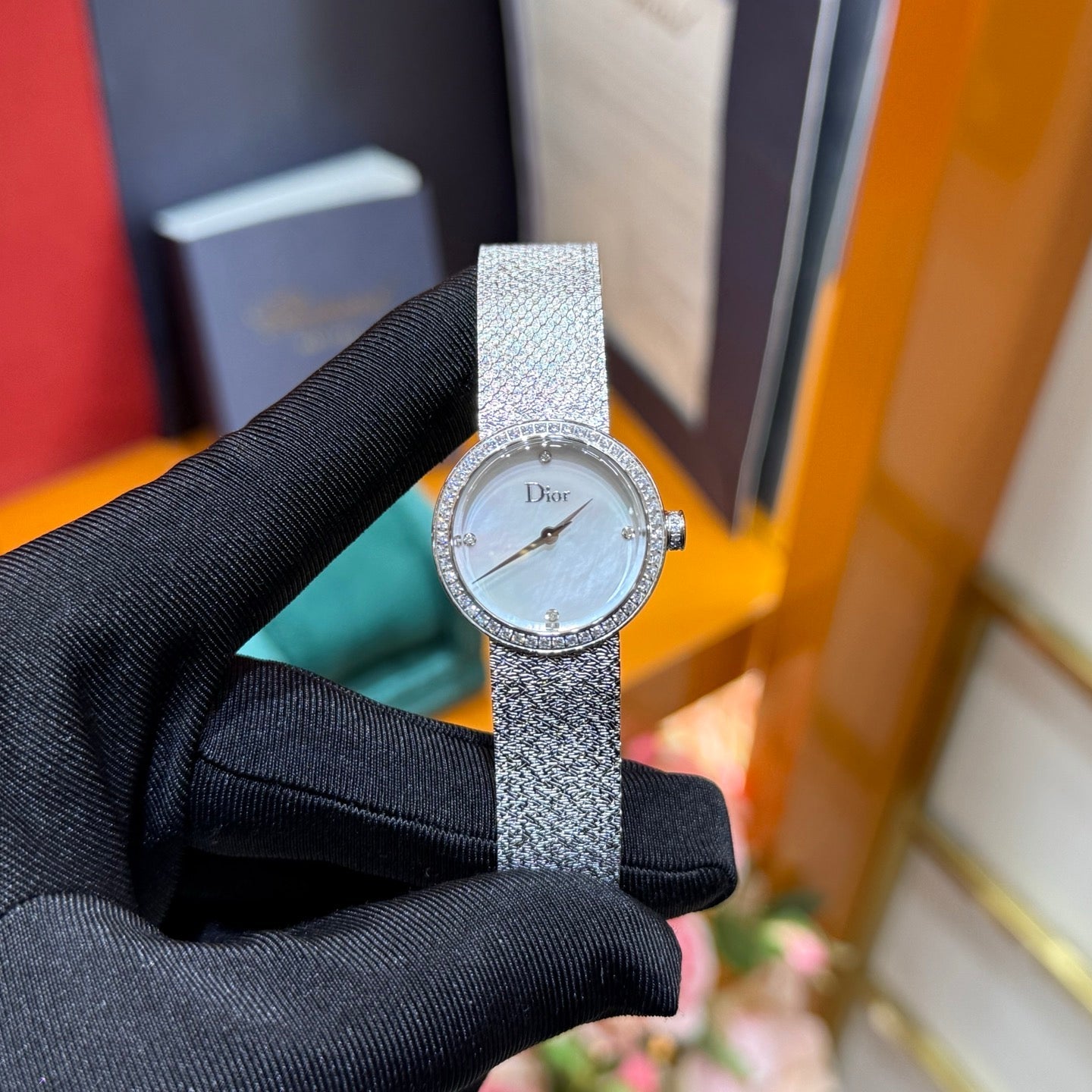 Dior La D de Dior Satine 25mm Steel Watch with Mother-of-Pearl Dial & Diamond Bezel