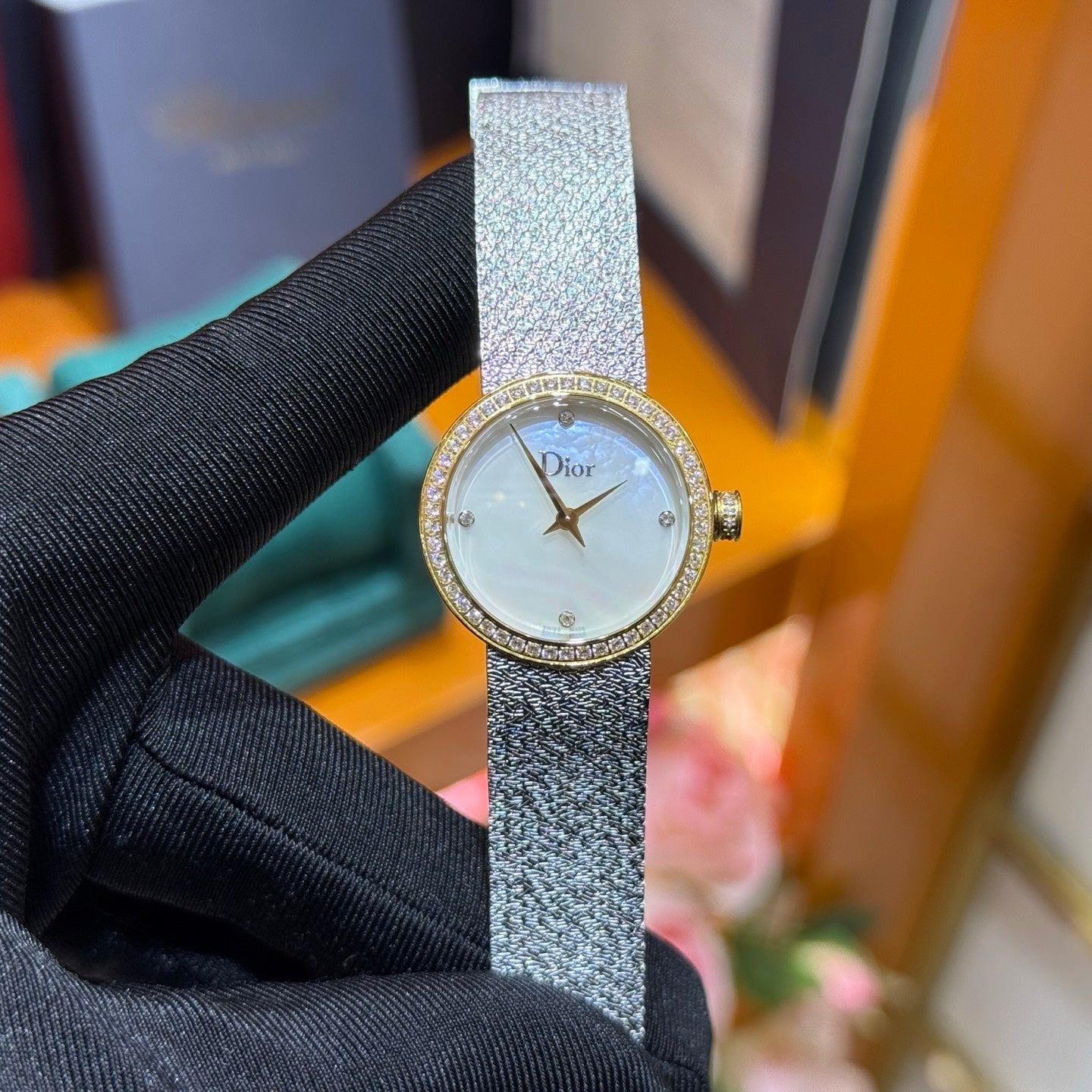 Dior La D de Dior Satine Watch in Steel & Yellow Gold with Mother-of-Pearl Dial