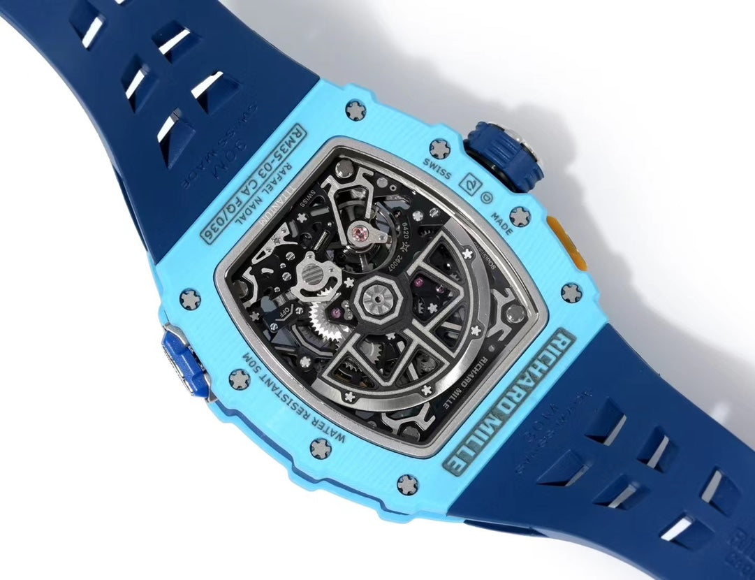 Richard Mille RM 35-03 Rafael Nadal Automatic Winding watch in a pastel blue Quartz TPT case with a blue rubber strap