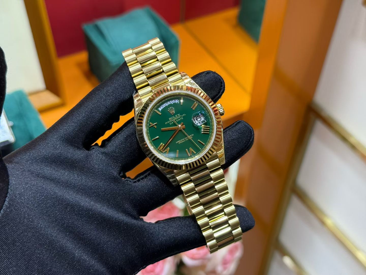Rolex Day-Date 40 Yellow Gold with Green Dial & President Bracelet