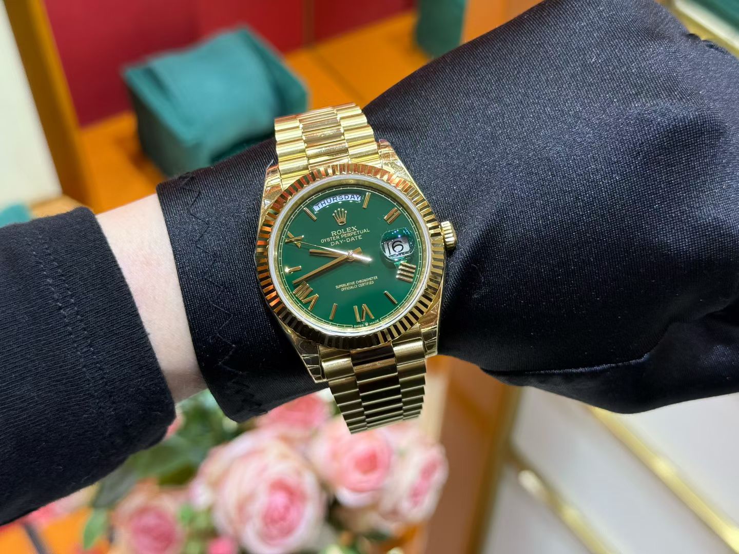 Rolex Day-Date 40 Yellow Gold with Green Dial & President Bracelet
