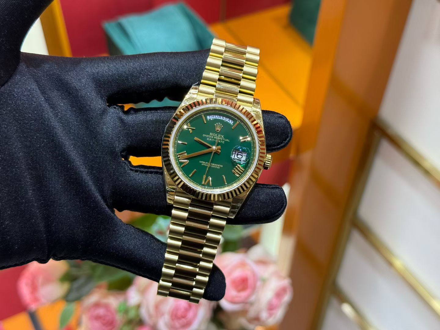 Rolex Day-Date 40 Yellow Gold with Green Dial & President Bracelet