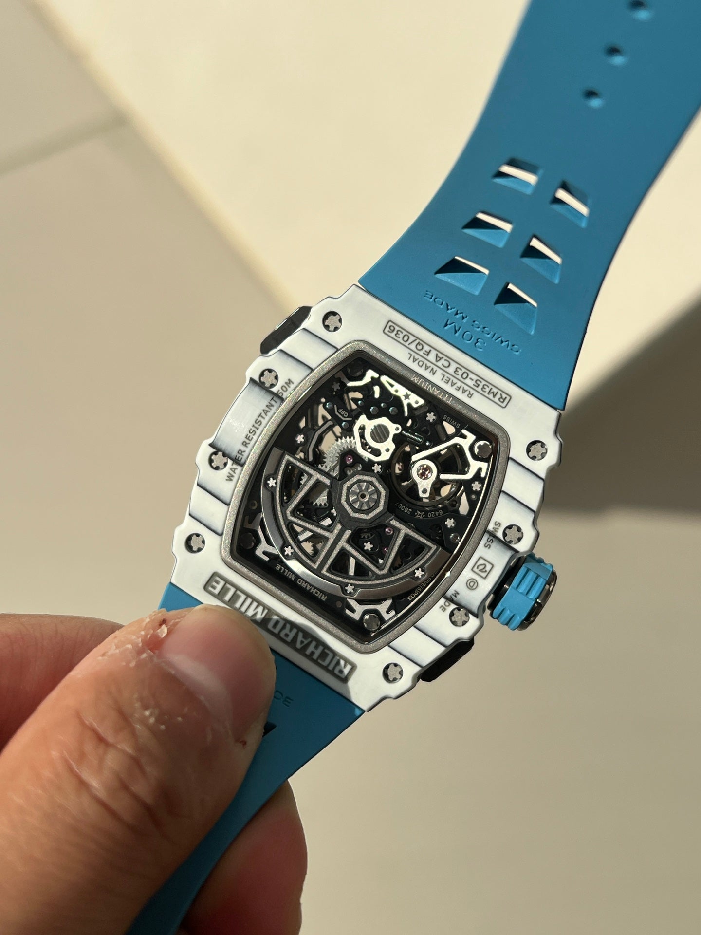 Richard Mille RM 35-03 Rafael Nadal – White Quartz TPT Case with Blue Rubber Strap