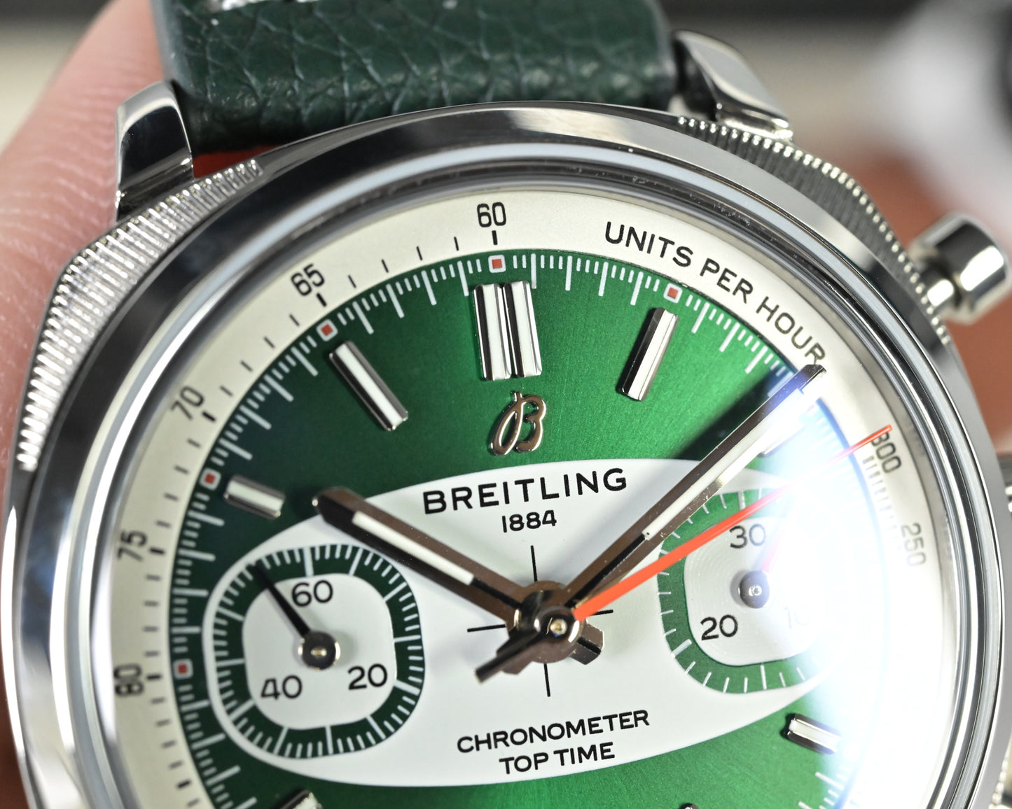 Breitling Top Time B01 Racing Green Dial Leather Strap Watch