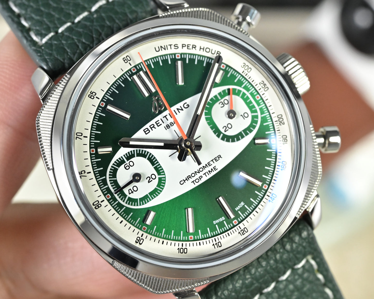 Breitling Top Time B01 Racing Green Dial Leather Strap Watch