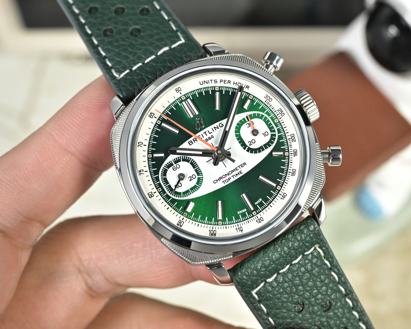 Breitling Top Time B01 Racing Green Dial Leather Strap Watch