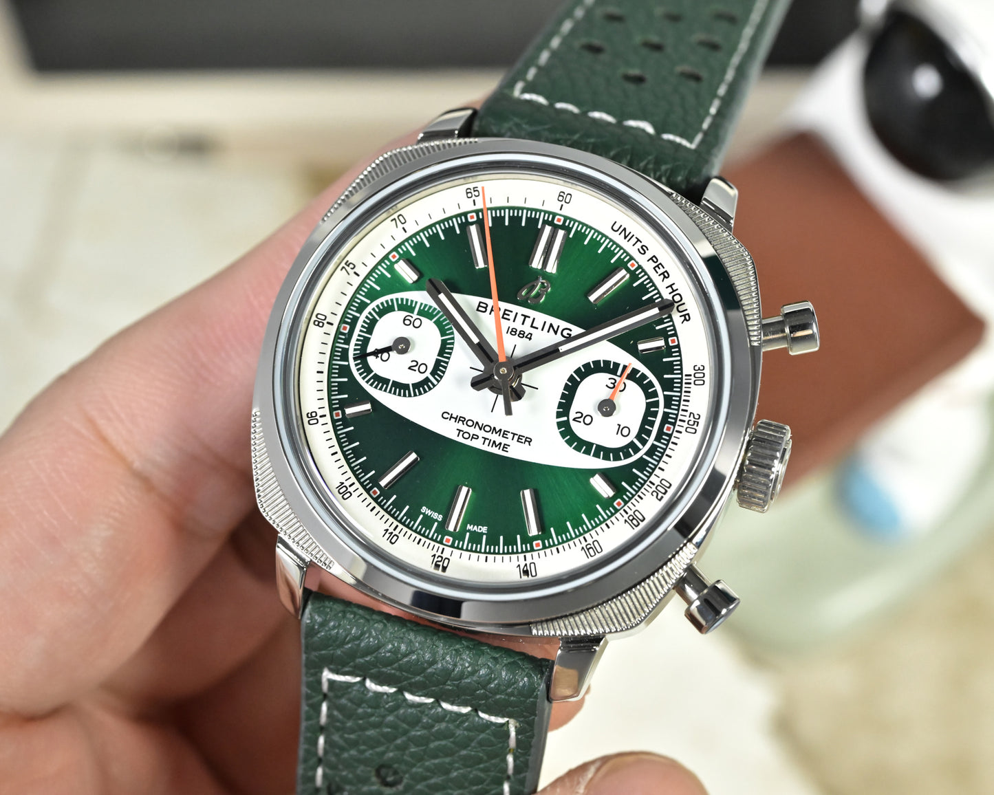 Breitling Top Time B01 Racing Green Dial Leather Strap Watch