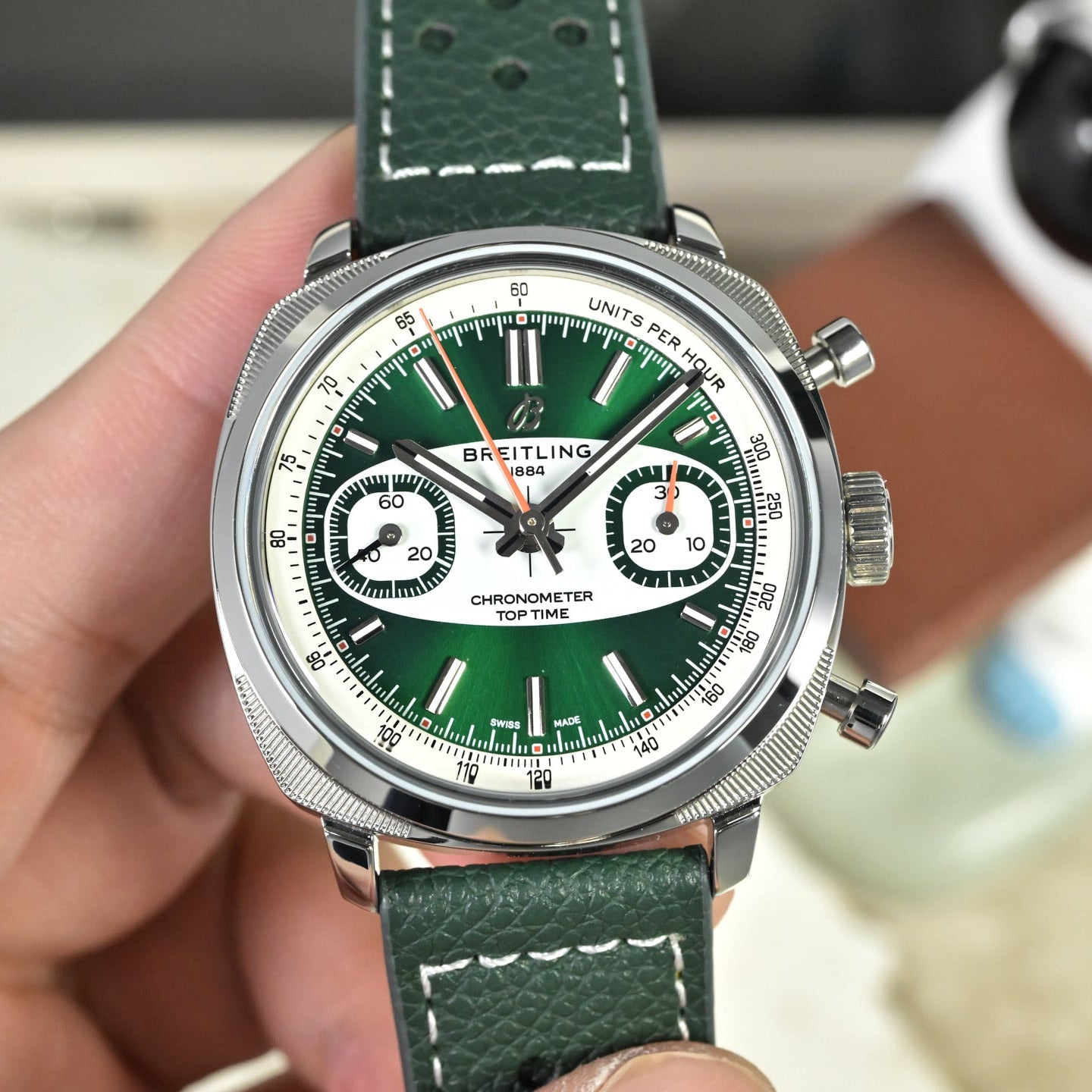 Breitling Top Time B01 Racing Green Dial Leather Strap Watch