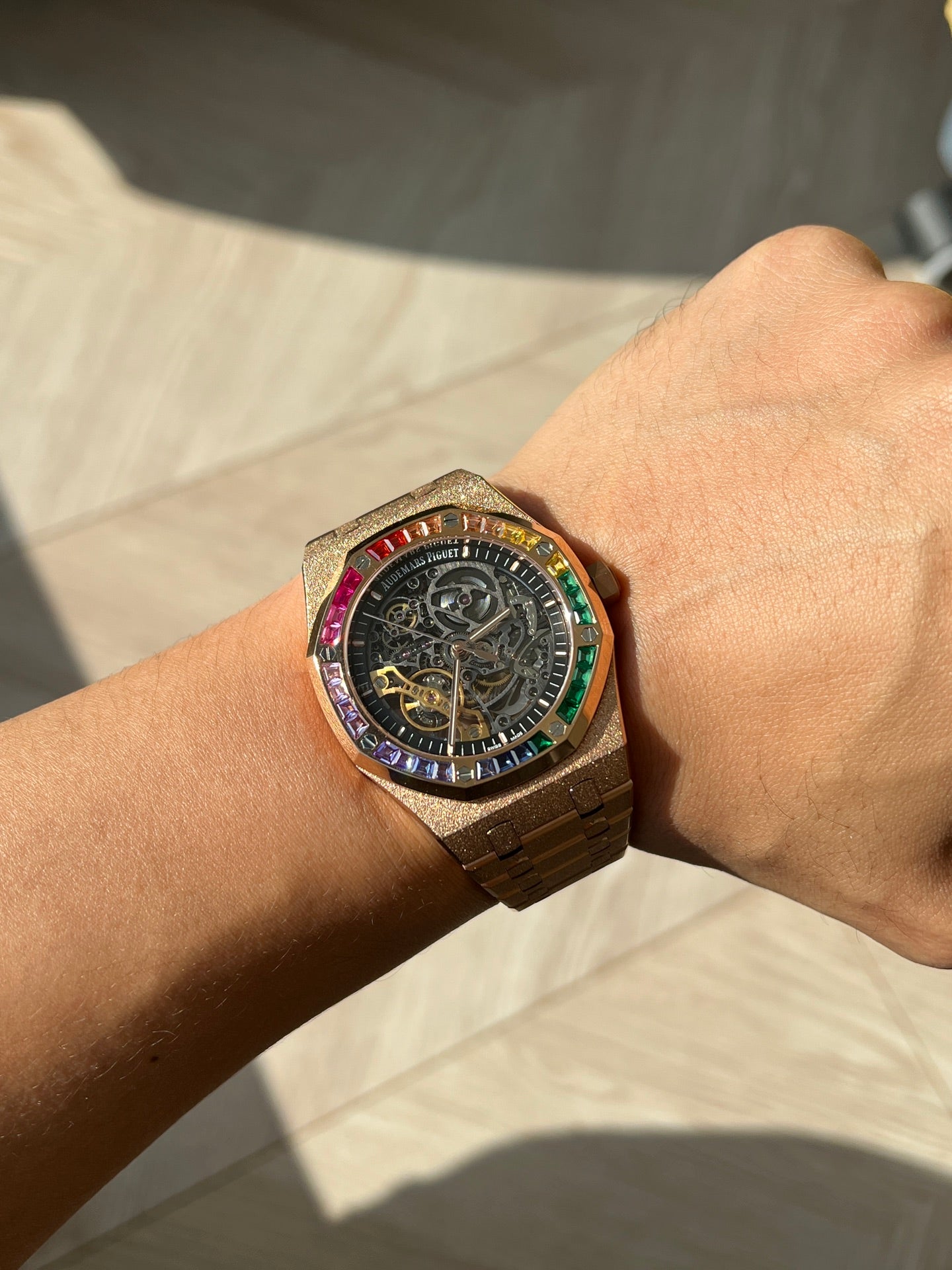 Audemars Piguet Royal Oak Frosted Pink Gold Rainbow Sapphire Watch