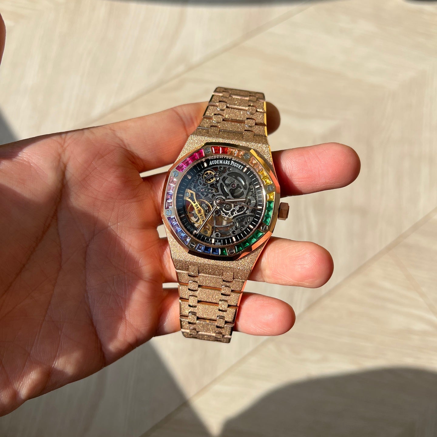 Audemars Piguet Royal Oak Frosted Pink Gold Rainbow Sapphire Watch