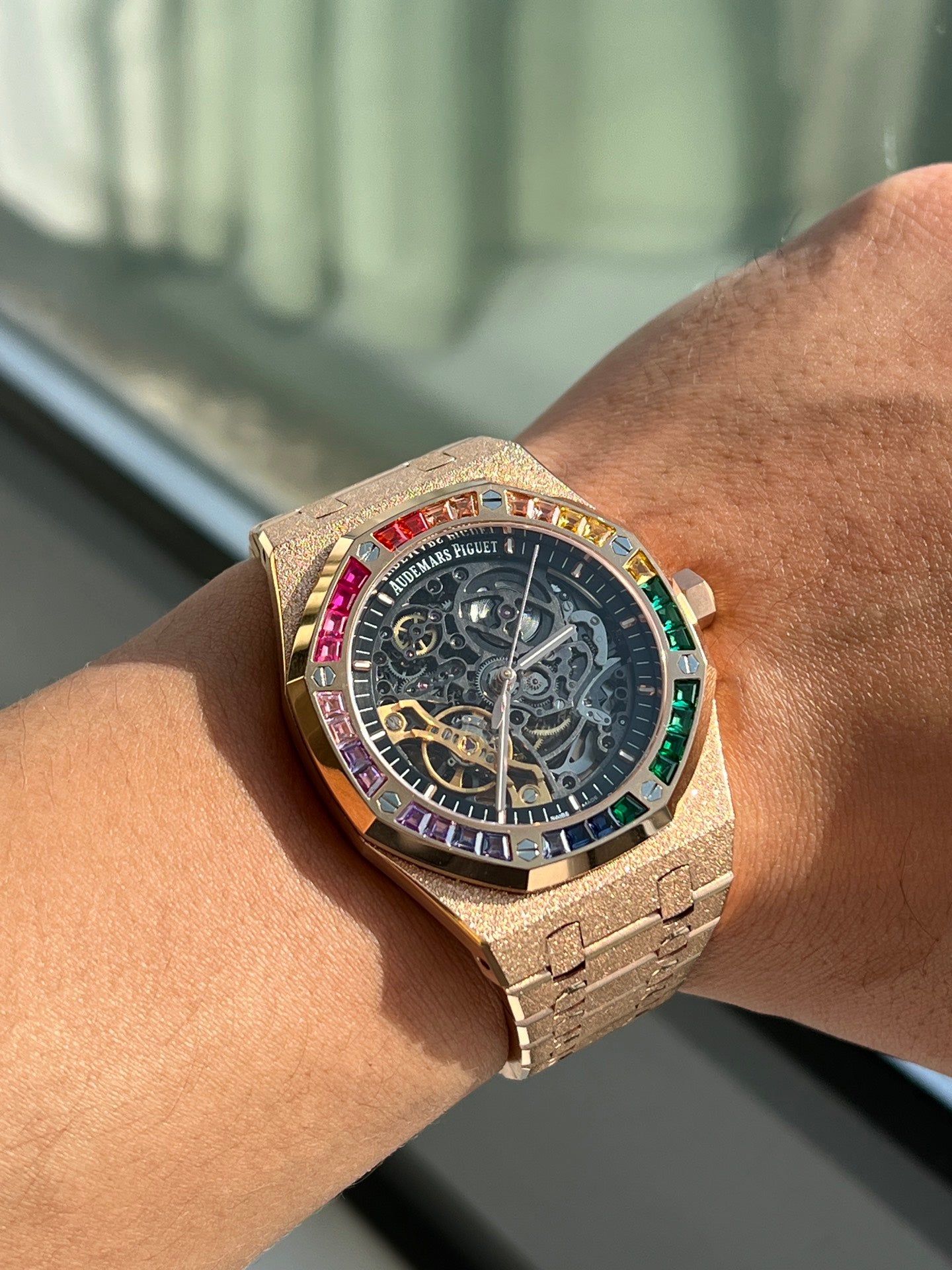 Audemars Piguet Royal Oak Frosted Pink Gold Rainbow Sapphire Watch