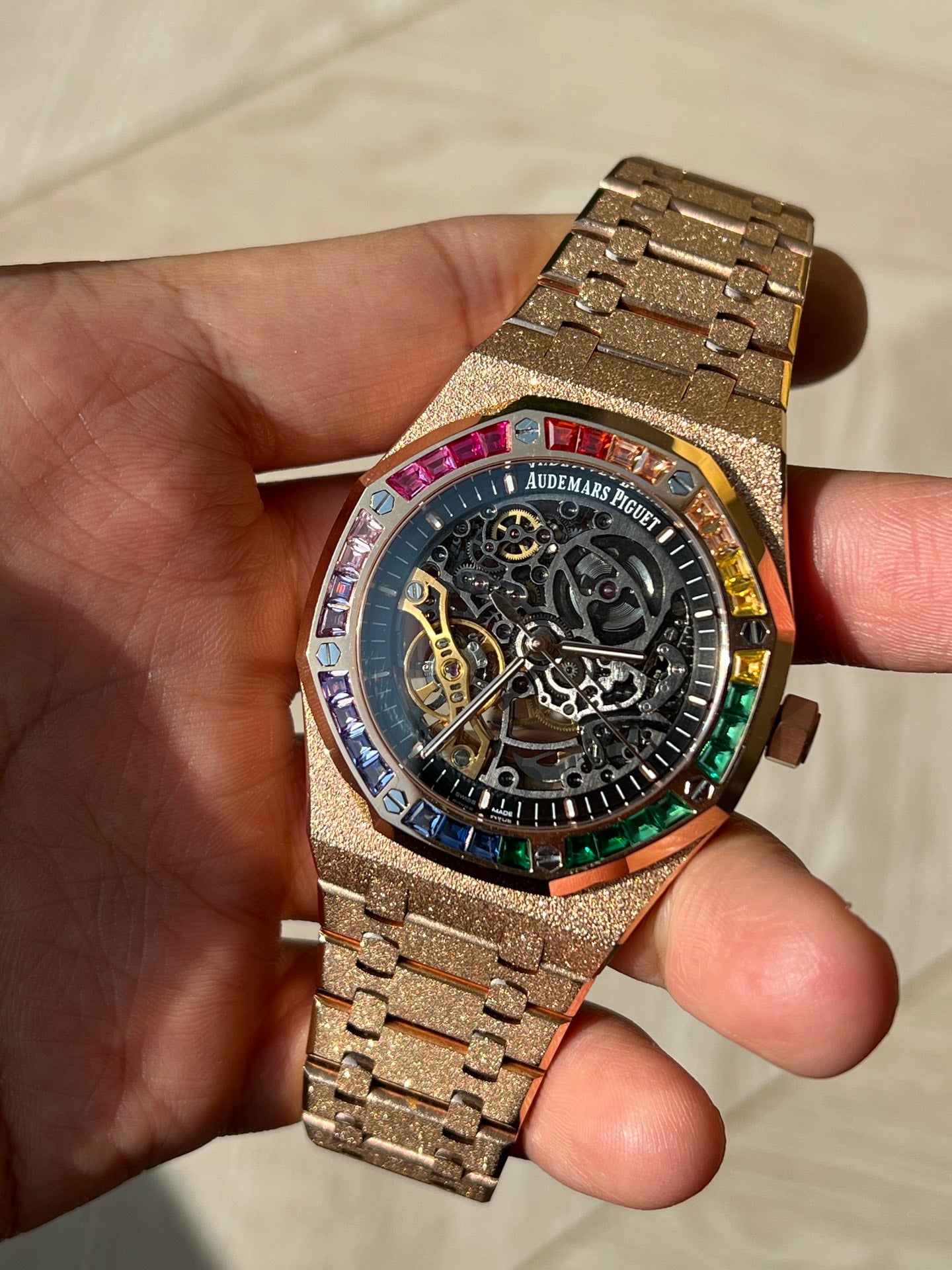 Audemars Piguet Royal Oak Frosted Pink Gold Rainbow Sapphire Watch