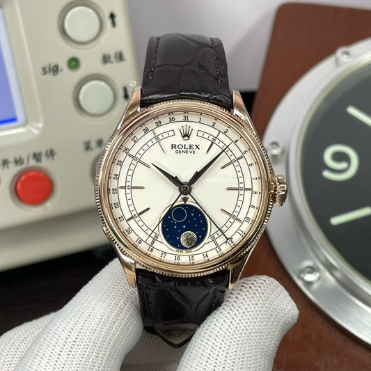 Rolex Cellini Moonphase 50535 – 18k Everose Gold with White Dial & Brown Leather Strap
