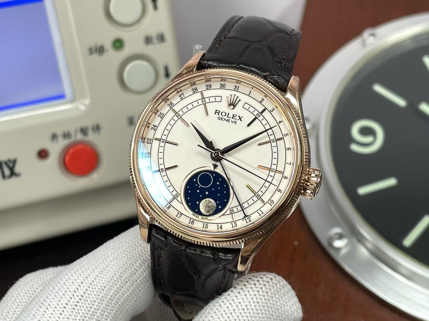 Rolex Cellini Moonphase 50535 – 18k Everose Gold with White Dial & Brown Leather Strap
