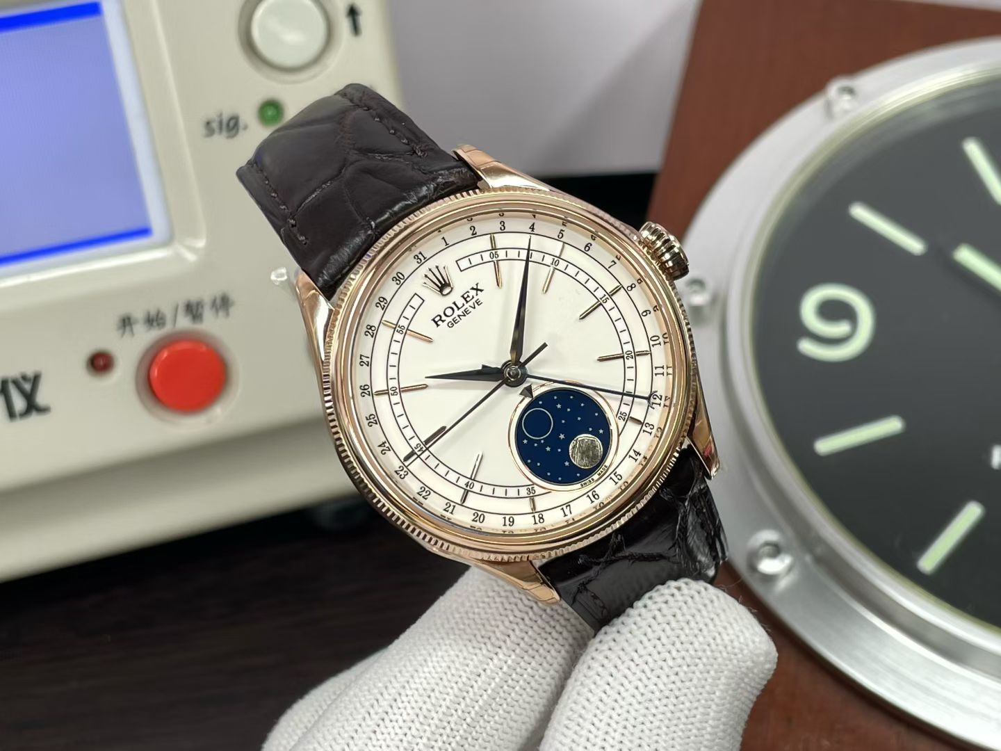Rolex Cellini Moonphase 50535 – 18k Everose Gold with White Dial & Brown Leather Strap