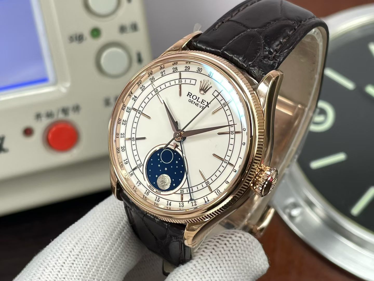 Rolex Cellini Moonphase 50535 – 18k Everose Gold with White Dial & Brown Leather Strap