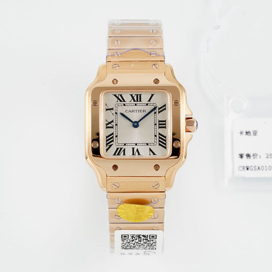 Cartier Santos de Cartier Medium Model – 18K Rose Gold with Silvered Opaline Dial