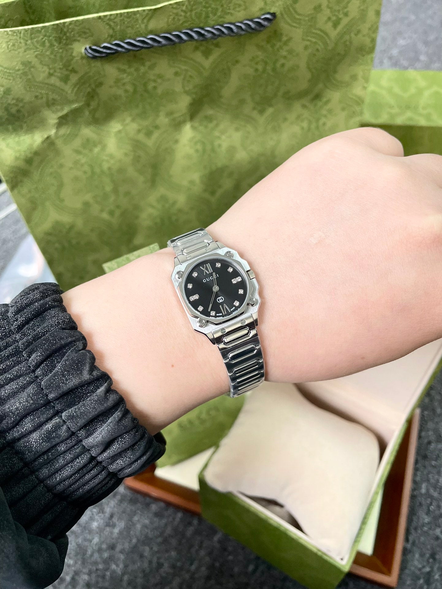 Gucci G-Flat 24mm Octagonal Stainless Steel Diamond Dial