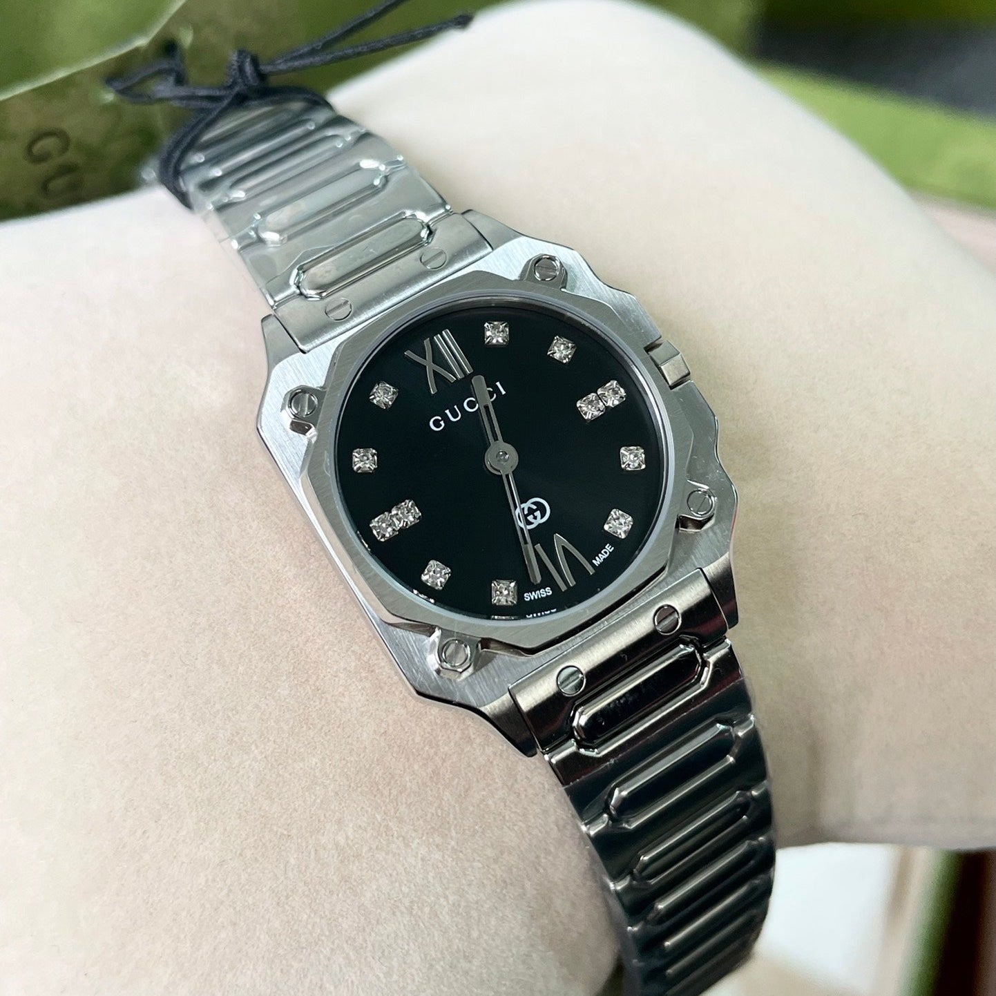 Gucci G-Flat 24mm Octagonal Stainless Steel Diamond Dial