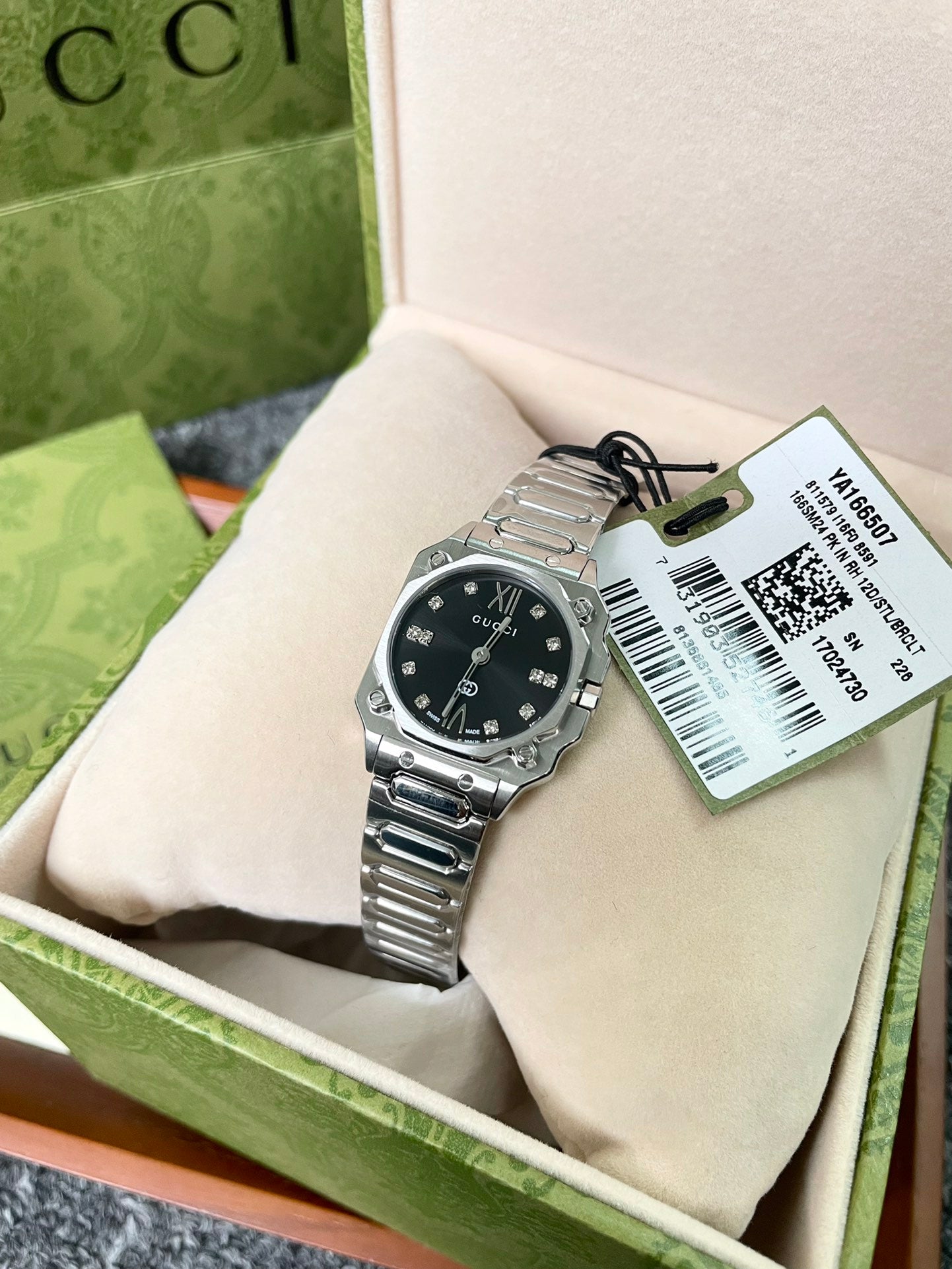 Gucci G-Flat 24mm Octagonal Stainless Steel Diamond Dial