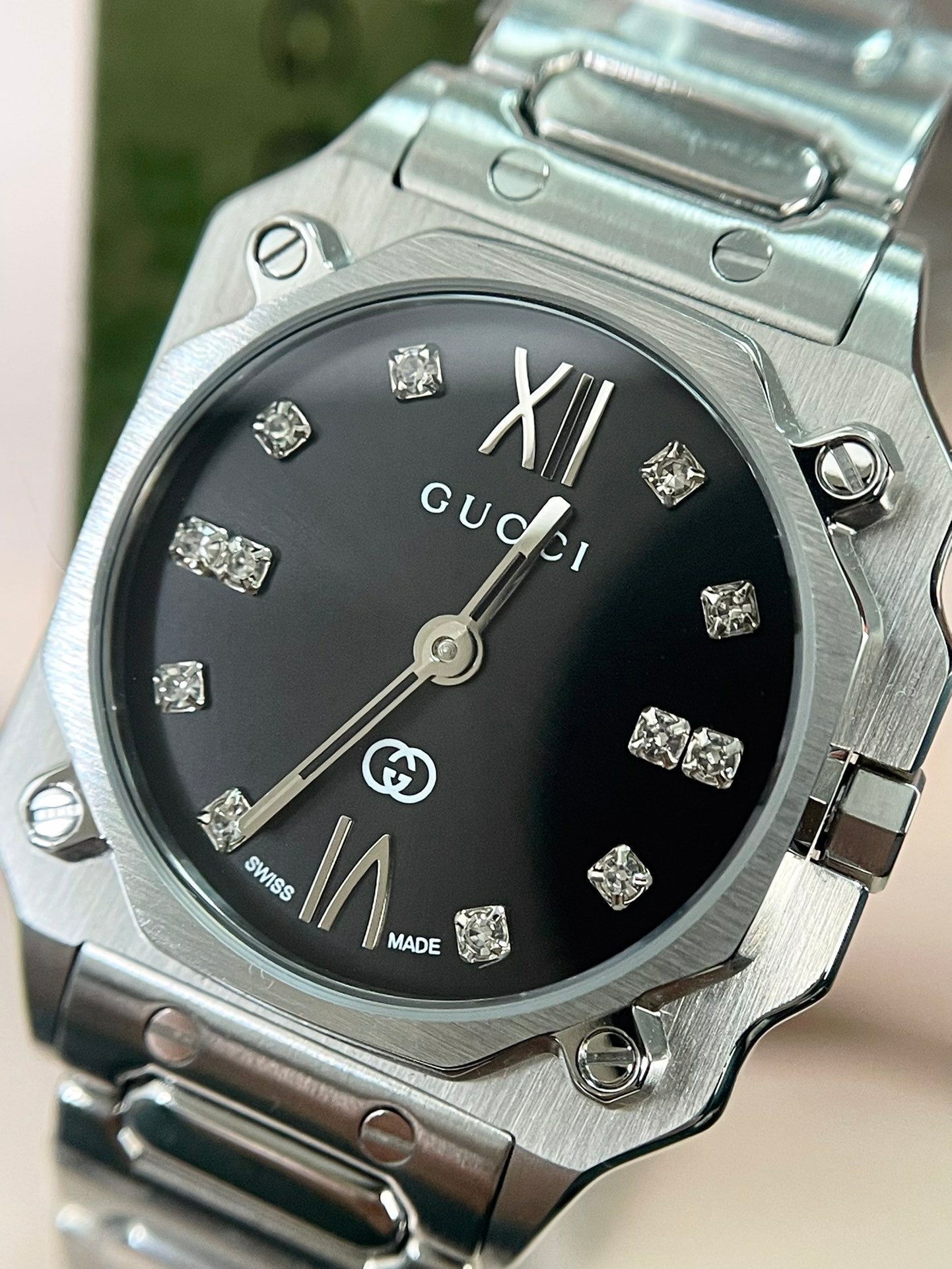 Gucci G-Flat 24mm Octagonal Stainless Steel Diamond Dial