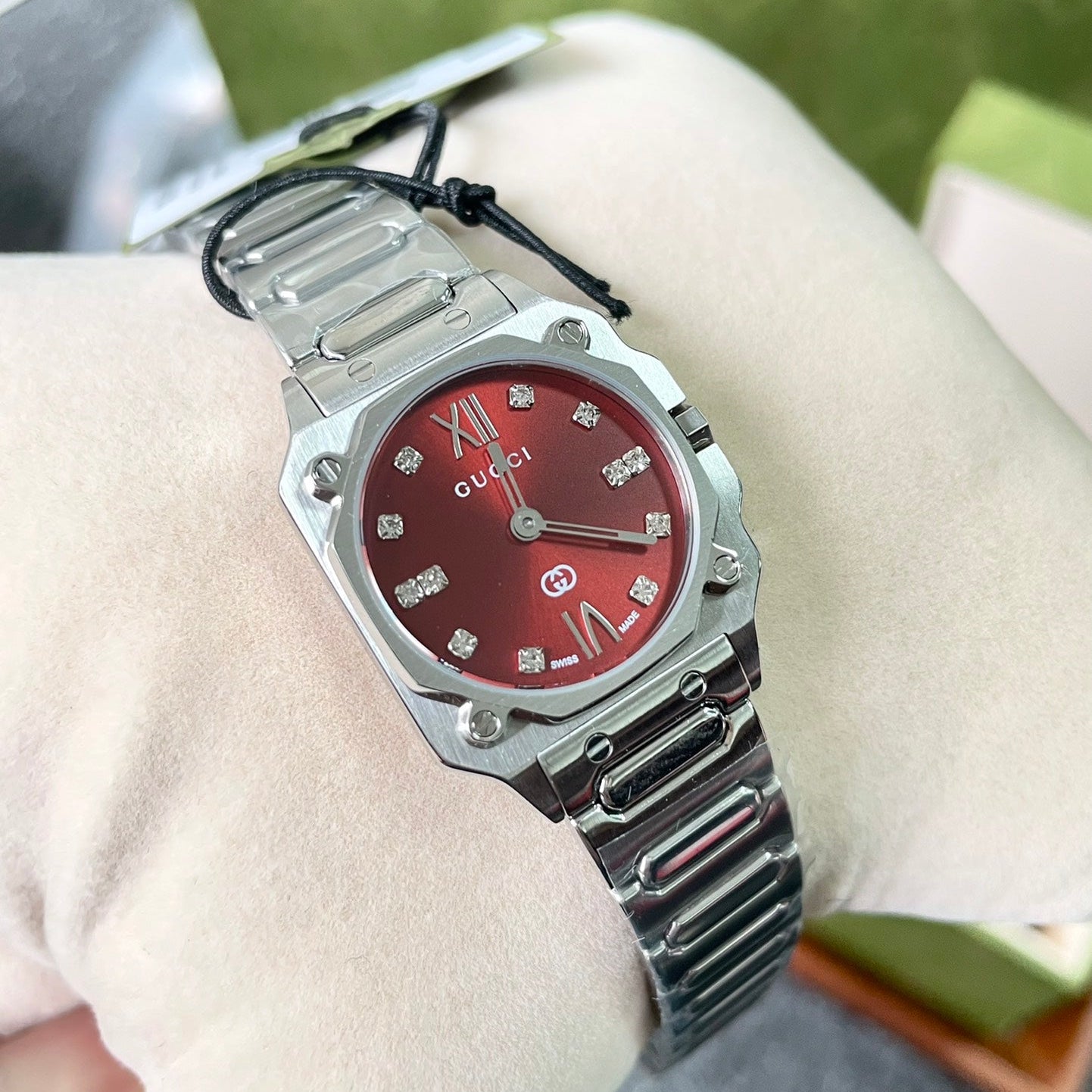 Gucci G-Flat Stainless Steel Watch with Red Dial
